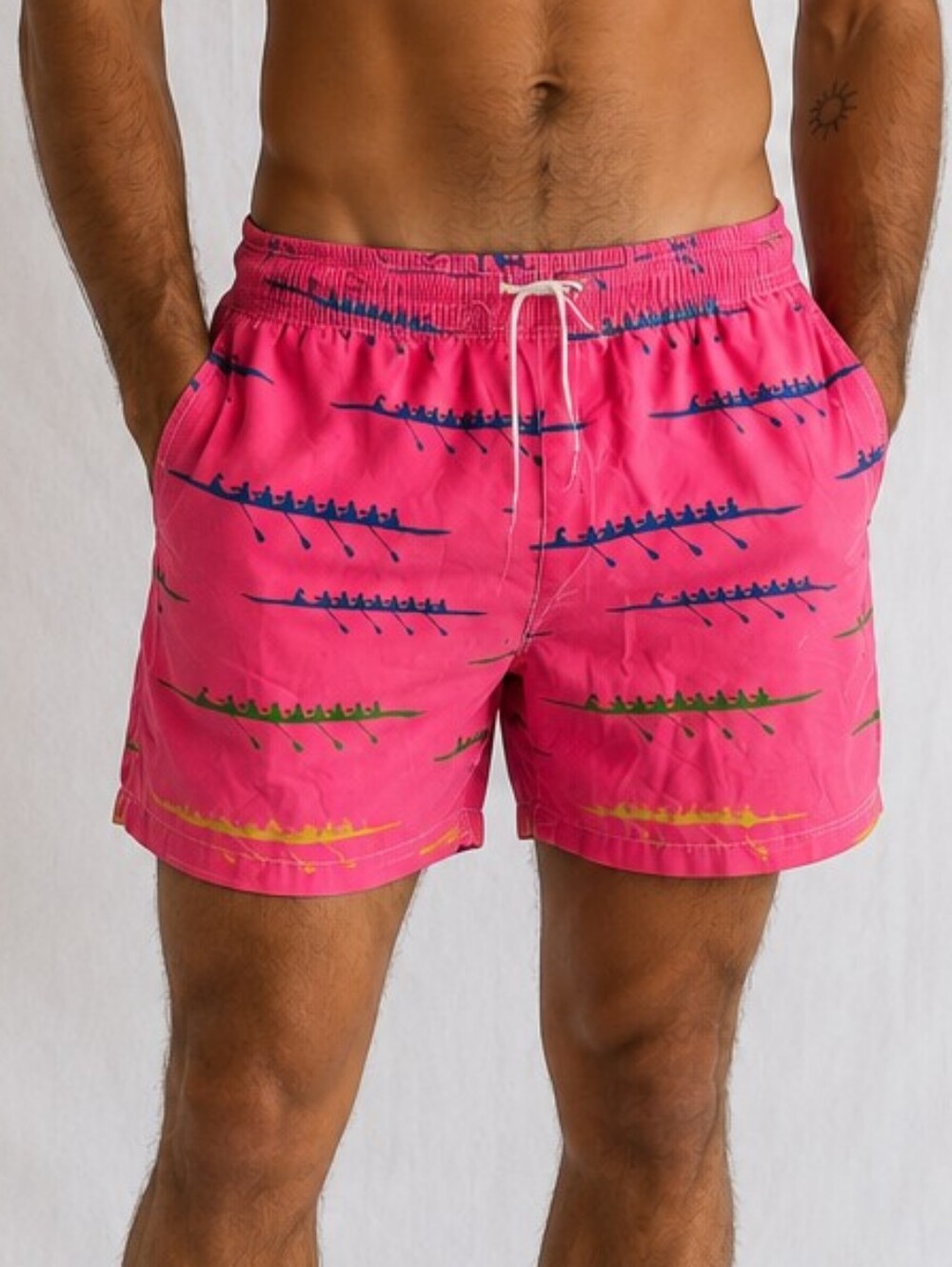 1968 True Vintage Pink Rowing Print Swim Trunks Drawstring Distressed Hem
